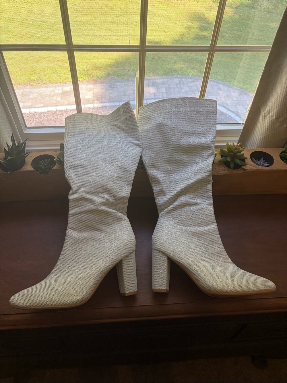 Women's White Sparkle Block Heel Boots